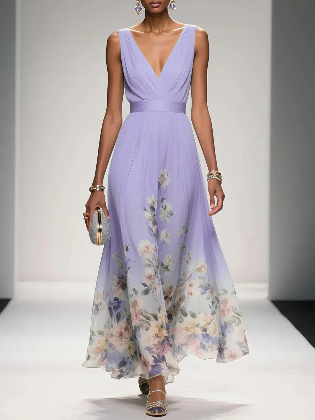 Rose | Robe Maxi Chiffon Fleurie Bleu Clair à Décolleté en V