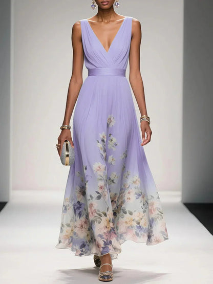 Rose | Robe Maxi Chiffon Fleurie Bleu Clair à Décolleté en V
