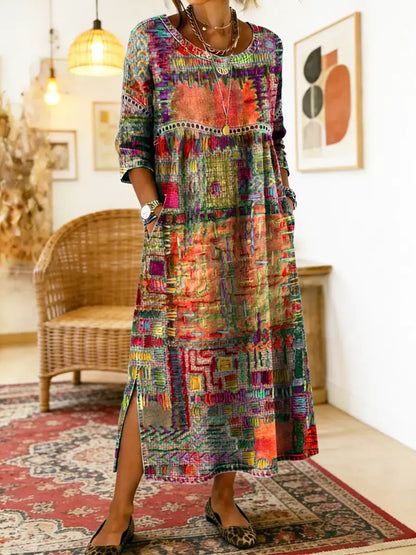 Manuela | Robe Imprimée avec Patchwork Ethnique