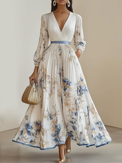Amalia | Robe Maxi en Chiffon Floral Blanc à Manches Ballon
