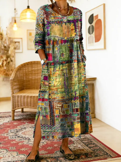 Manuela | Robe Imprimée avec Patchwork Ethnique