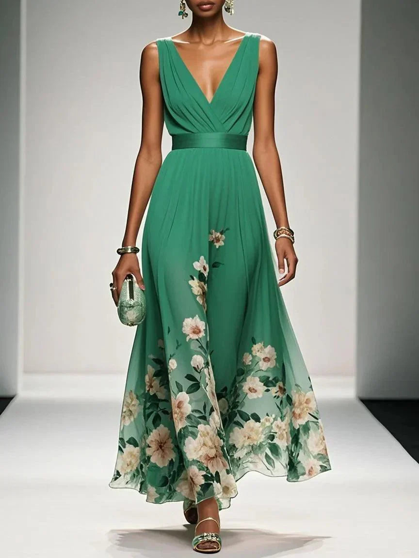 Rose | Robe Maxi Chiffon Fleurie Bleu Clair à Décolleté en V