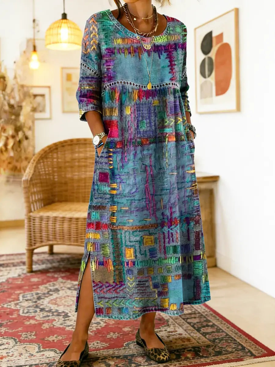 Manuela | Robe Imprimée avec Patchwork Ethnique