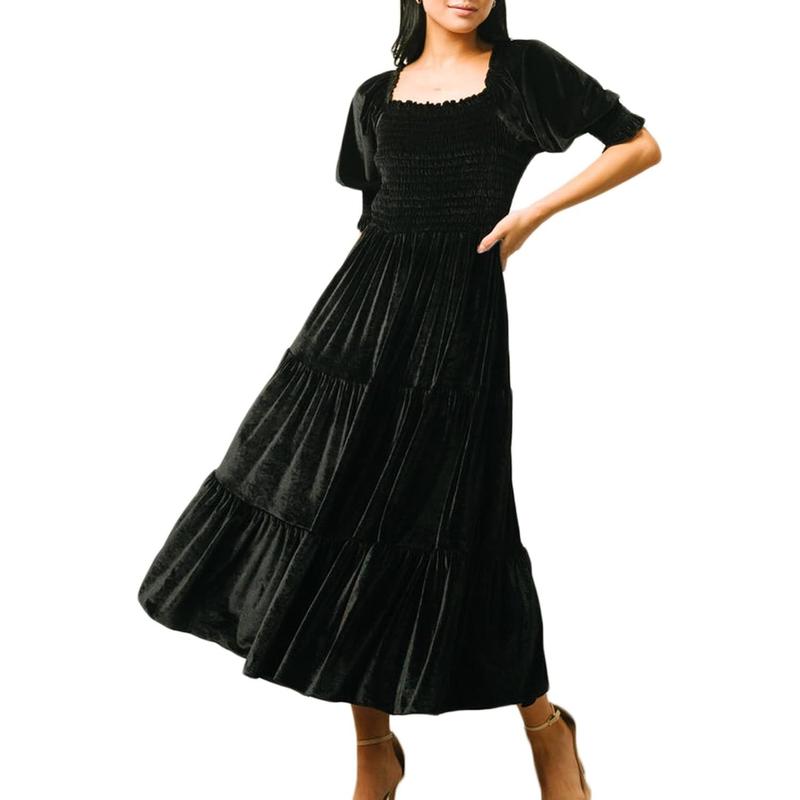 AUDREY™ - Robe Midi Trapèze à Col Carré et Manches Bouffantes pour Toutes Les Occasions