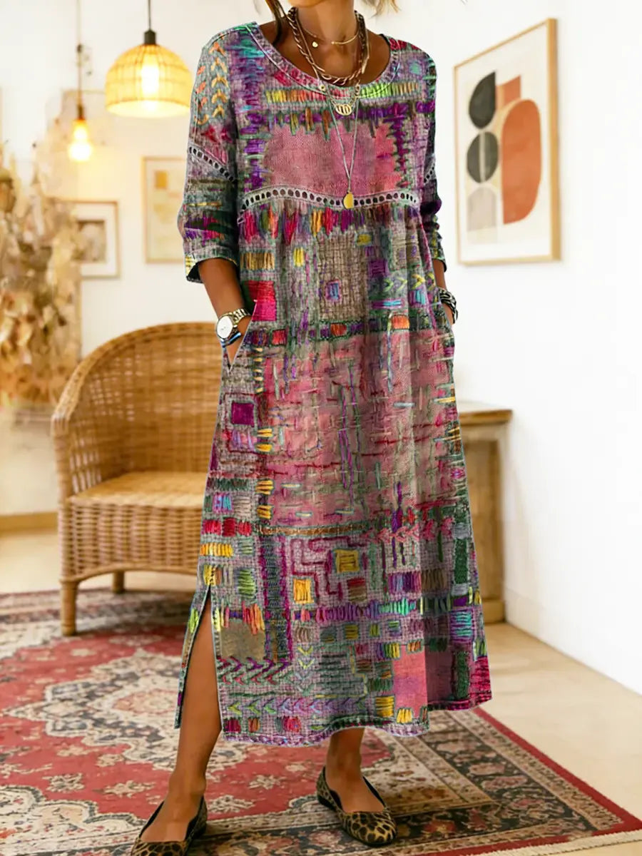 Manuela | Robe Imprimée avec Patchwork Ethnique