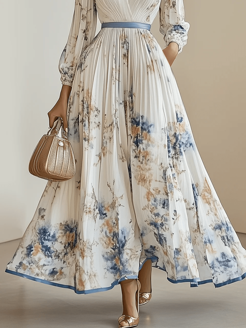 Amalia | Robe Maxi en Chiffon Floral Blanc à Manches Ballon