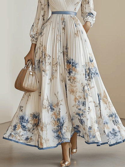 Amalia | Robe Maxi en Chiffon Floral Blanc à Manches Ballon