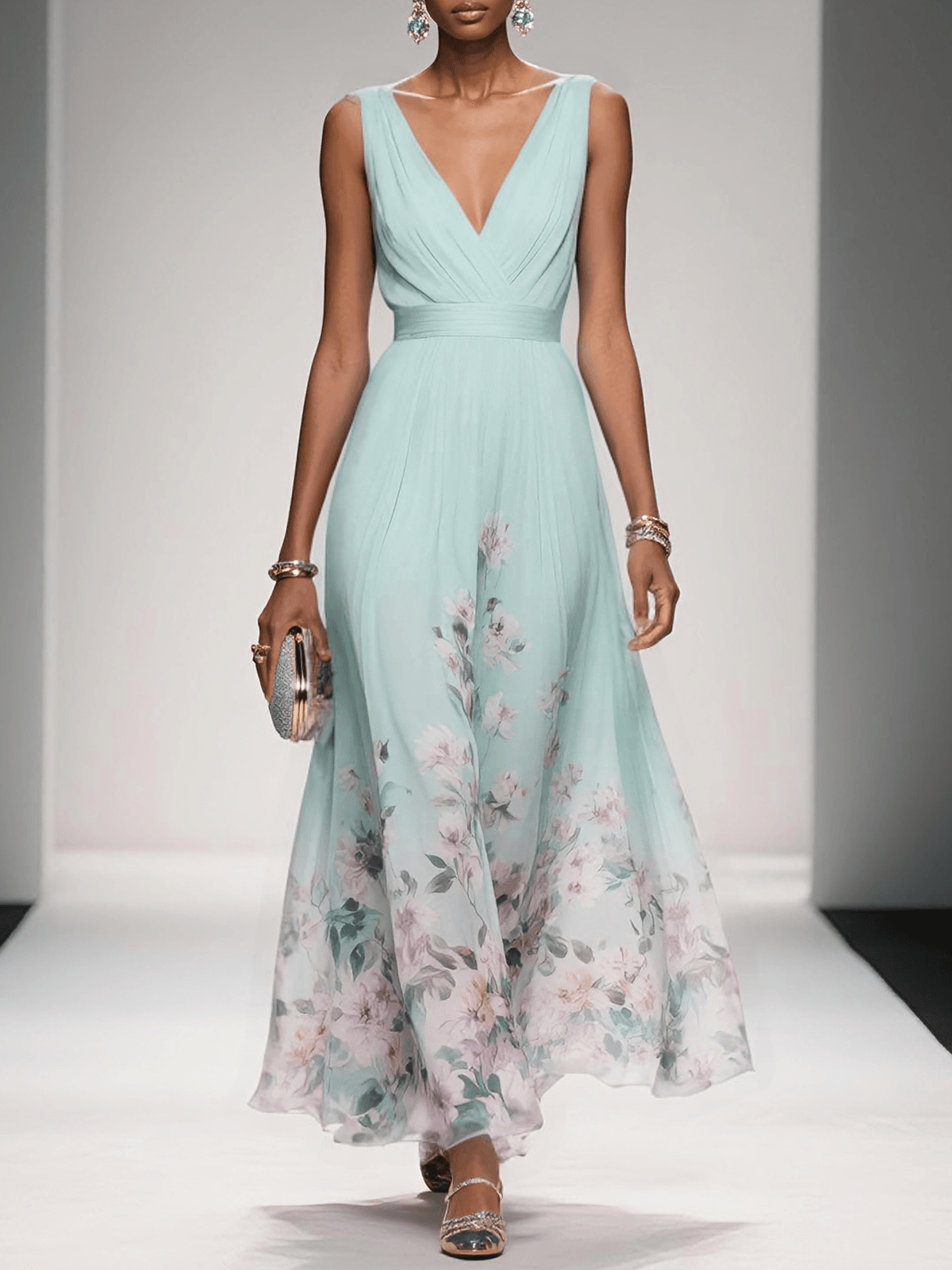 Rose | Robe Maxi Chiffon Fleurie Bleu Clair à Décolleté en V