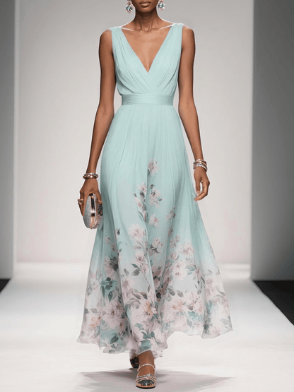 Rose | Robe Maxi Chiffon Fleurie Bleu Clair à Décolleté en V