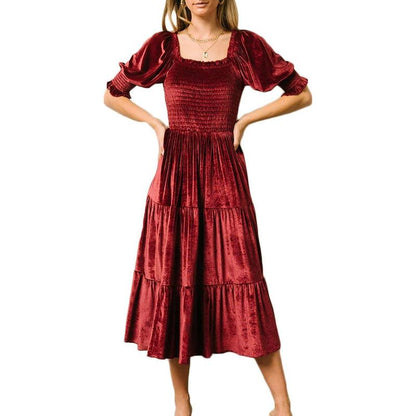 AUDREY™ - Robe Midi Trapèze à Col Carré et Manches Bouffantes pour Toutes Les Occasions