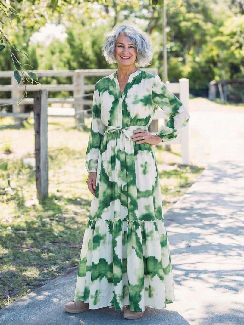 Sabine | Robe Maxi à Manches Longues et Ceinture à Nouer