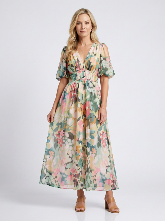 Eulalie | Robe midi à manches courtes et taille froncée en V