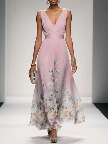 Rose | Robe Maxi Chiffon Fleurie Bleu Clair à Décolleté en V