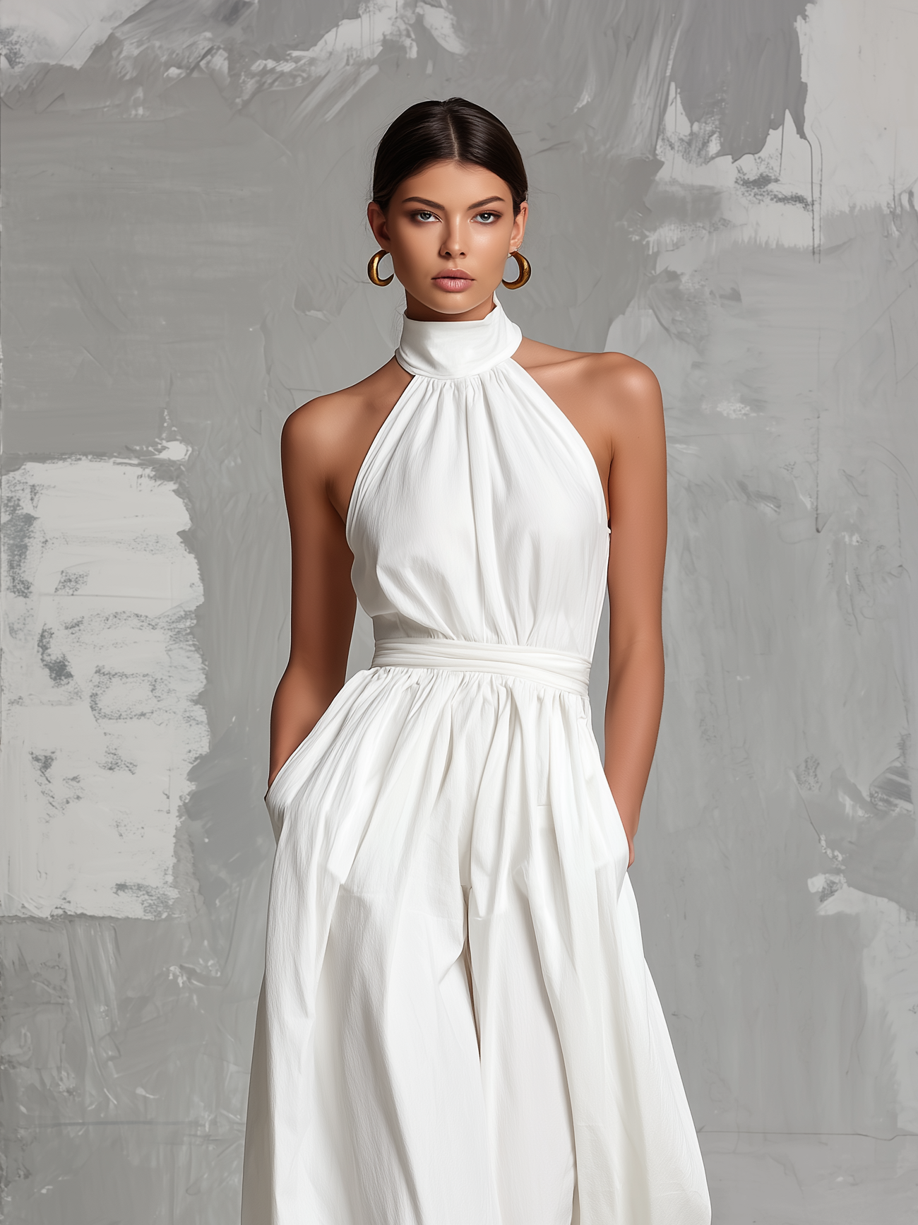 Combinaison élégante blanche tissée, sans manches, à col halter