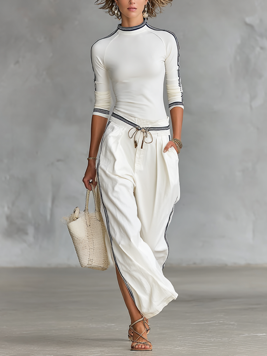 Ensemble Femme Deux Pièces : T-shirt Sportif à Manches Longues avec Col Haut et Pantalon Ample avec Cordon de Serrage