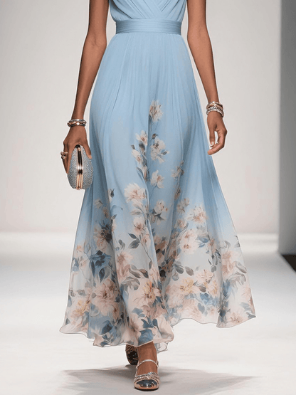 Rose | Robe Maxi Chiffon Fleurie Bleu Clair à Décolleté en V