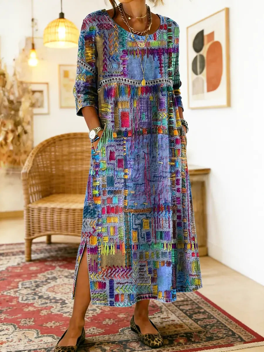 Manuela | Robe Imprimée avec Patchwork Ethnique