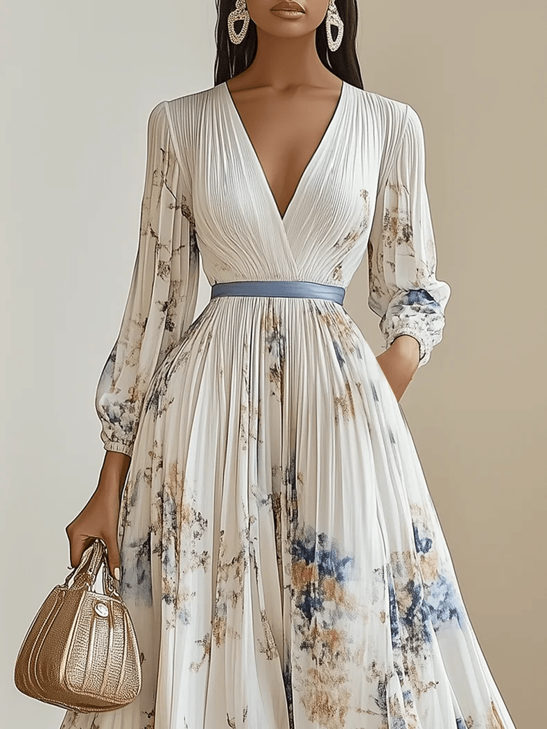 Amalia | Robe Maxi en Chiffon Floral Blanc à Manches Ballon