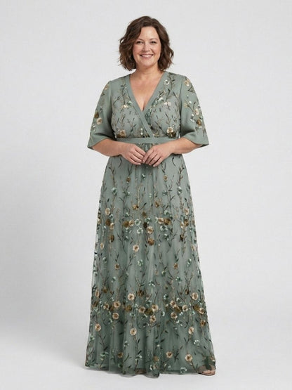 Evadne | Robe maxi à fleurs avec décolleté en V et manches courtes