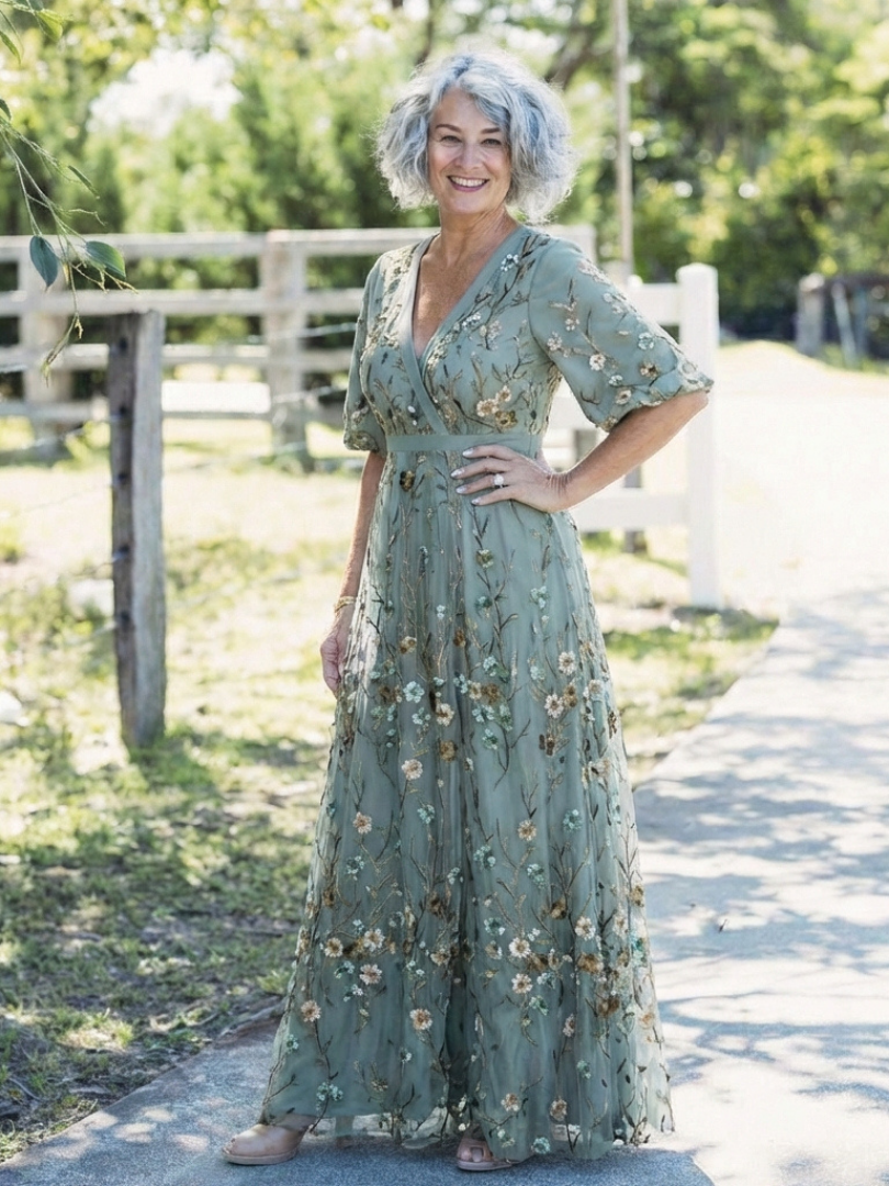 Evadne | Robe maxi à fleurs avec décolleté en V et manches courtes