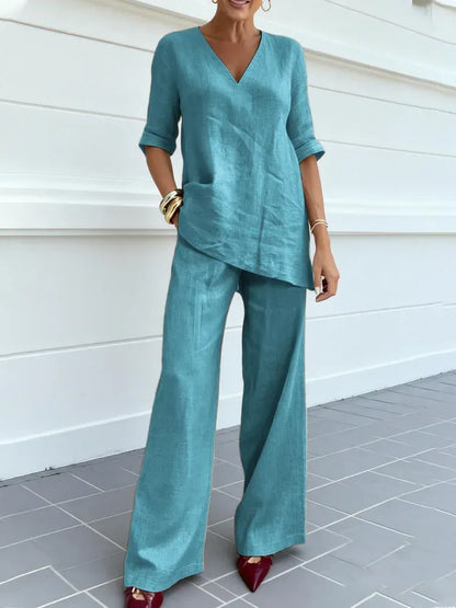 Susana | Ensemble Deux Pièces avec Top à Manches Courtes et Pantalons Droits