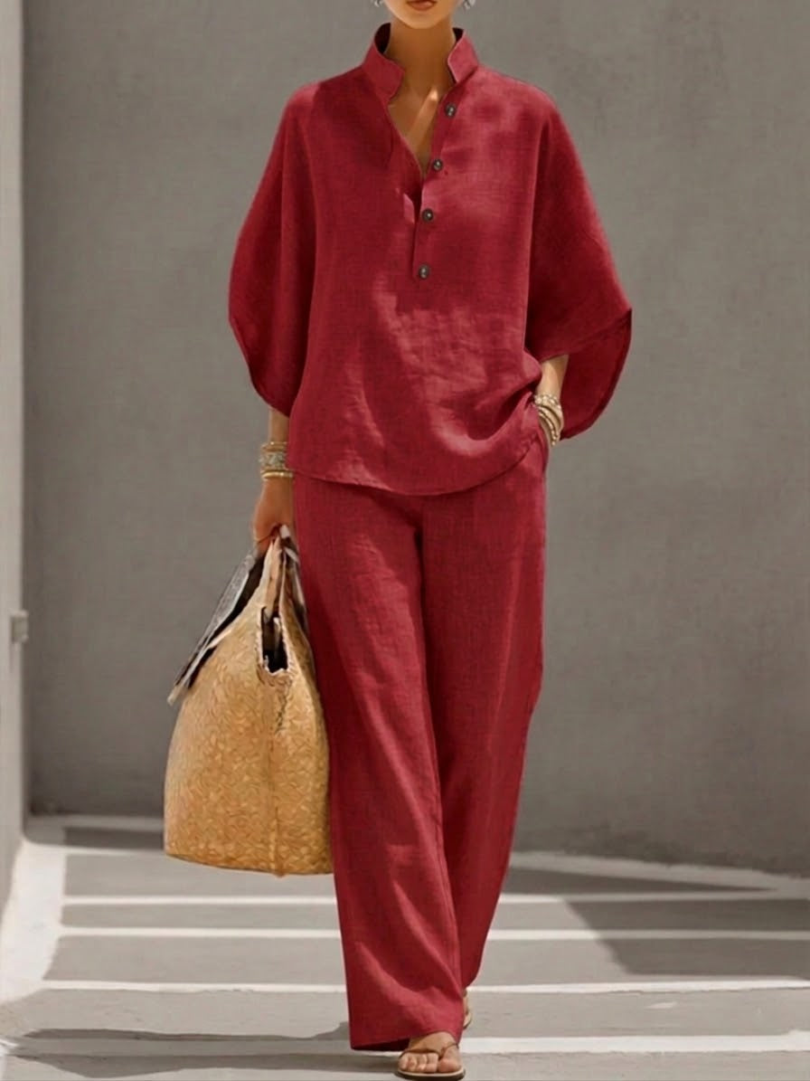 Eszter™ | Ensemble en coton et toile avec manches chauve-souris et pantalon à jambes larges