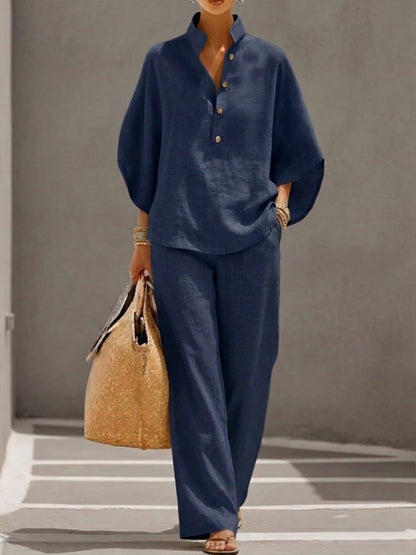 Eszter™ | Ensemble en coton et toile avec manches chauve-souris et pantalon à jambes larges