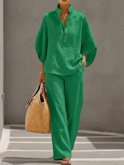 Eszter™ | Ensemble en coton et toile avec manches chauve-souris et pantalon à jambes larges